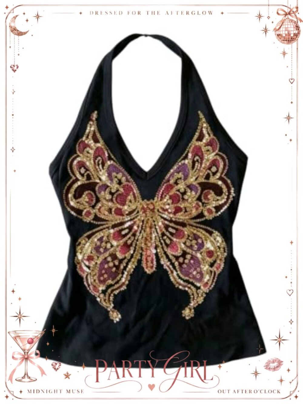 Sequin Butterfly Halter Crop Top Y2K Rave Festival Going Out Top